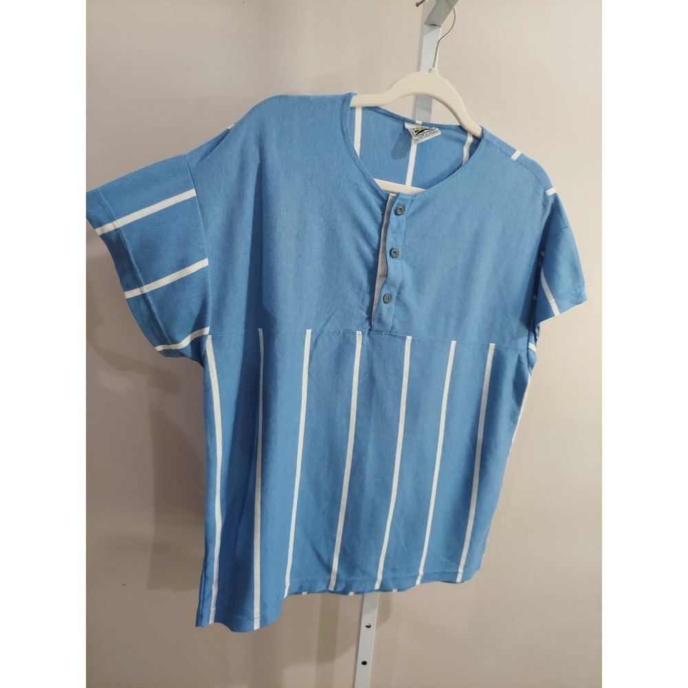 Vintage Le Tigre Blue White Striped Henley Shirt Made in USA Mens M Retro